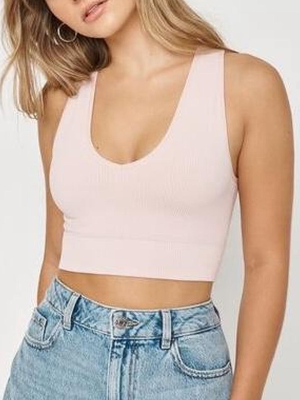 Garage Pale Pink Ribbed Plunge Crop Tank